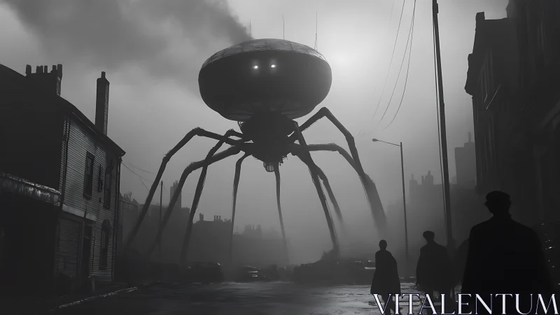 Giant alien tripod looms over foggy city street at dawn