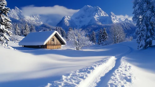 Snowbound alpine cabin under clear blue sky with soft tracked snow