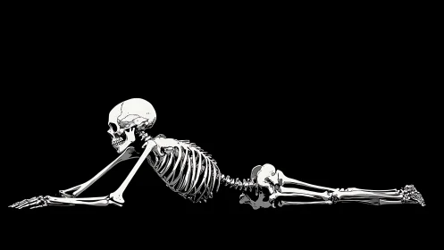 Lateral skeletal figure in prone stretch pose on black ground