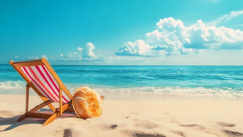 Striped deck chair and cushion frame a sunlit tropical shoreline