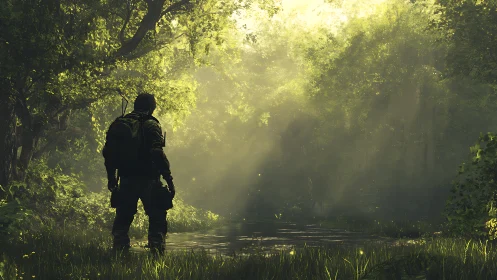 Solitary explorer stands in mist-laden forest corridor with luminous canopy.