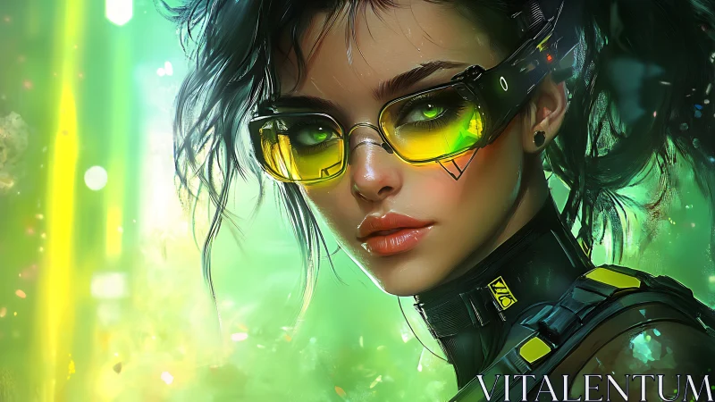 Cyberpunk hacker portrait with neon green visor glow.