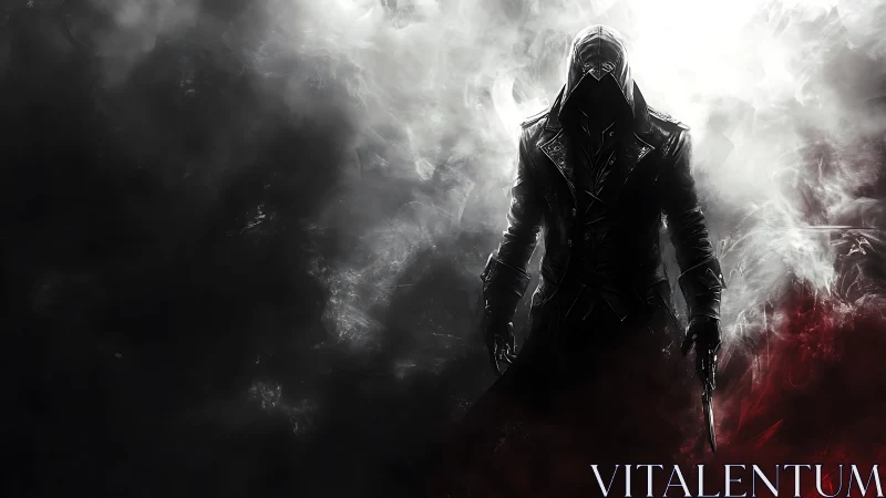 Hooded figure in dark coat amid swirling monochrome smoke.