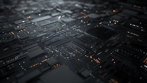 Dark circuit board cityscape glows with subtle data lights