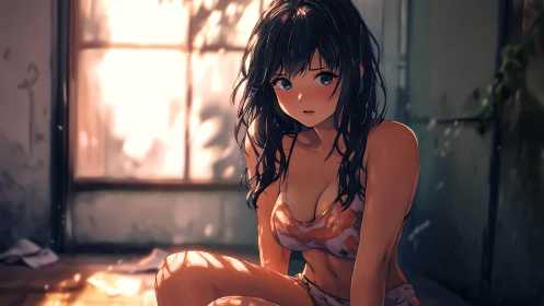 Anime girl in warm sunset light near window interior.