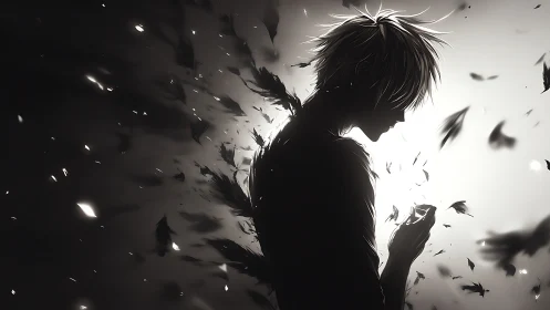 Silhouetted figure dissolves into drifting dark feathers.