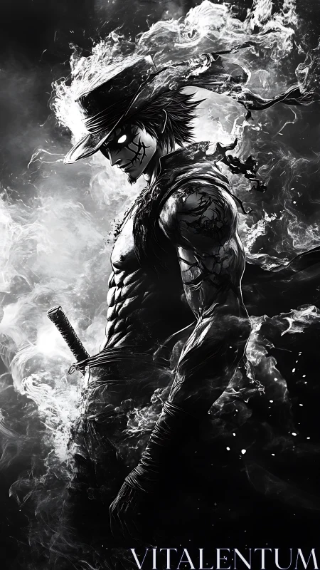 Dark swordsman in flames with skeletal face and glowing eyes.