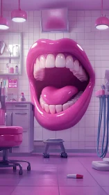 Giant glossy pink mouth dominates surreal dental clinic wall.
