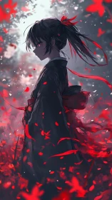 Solitary girl in dark kimono stands amid swirling red leaves