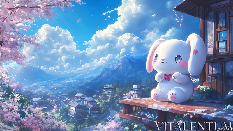 Giant sakura bunny daydreaming above a sunlit mountain town.