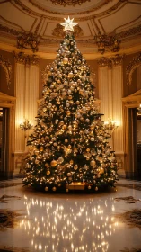 Illuminated Christmas tree in ornate classical interior.