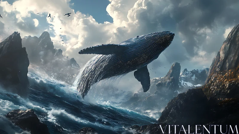 Majestic whale breaches stormy seascape between jagged cliffs.