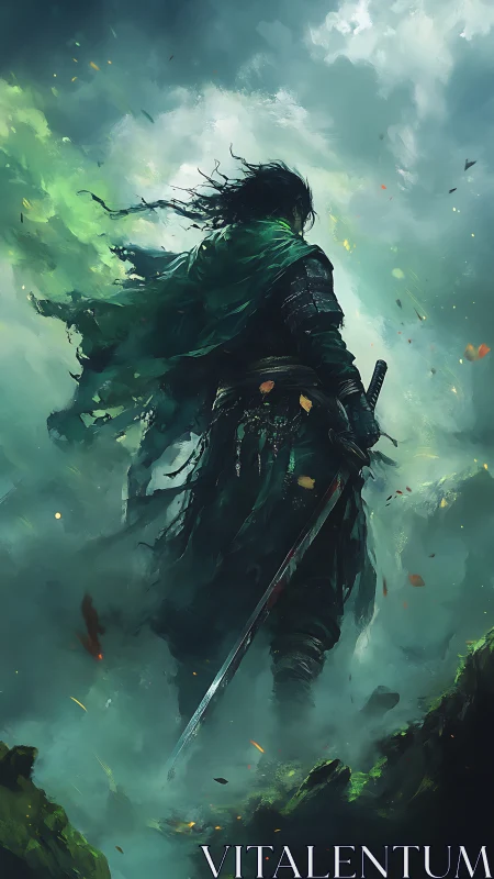 Lone swordsman in stormlit mist with tattered green cloak.