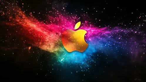 Golden apple emblem amid exploding cosmic color storm.