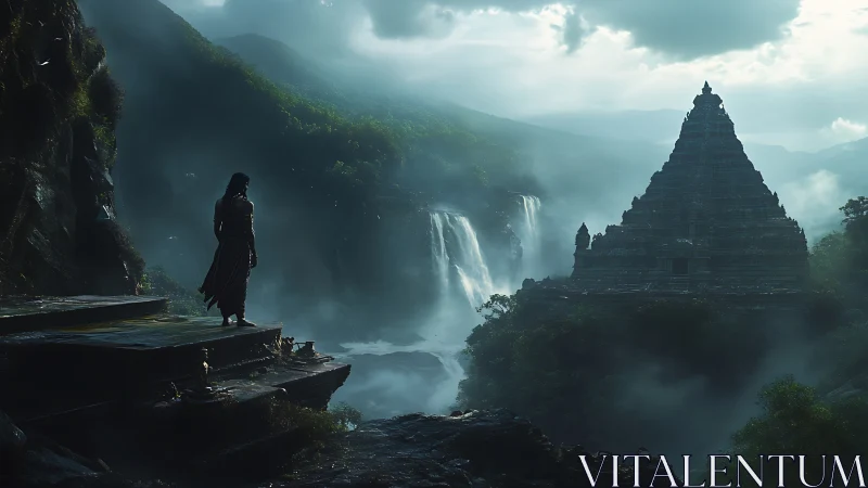 Solitary figure studies mist temple above roaring falls.
