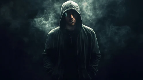 Hooded man in low key lighting surrounded by drifting smoke.