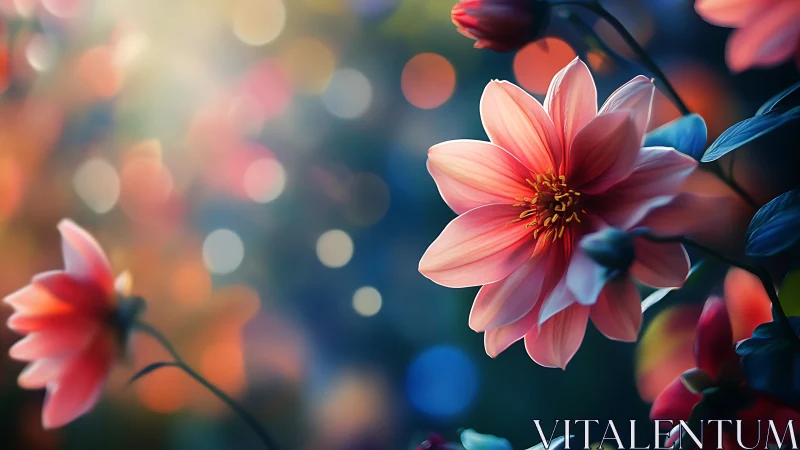 Coral Dahlias Bloom Against Bokeh Light.