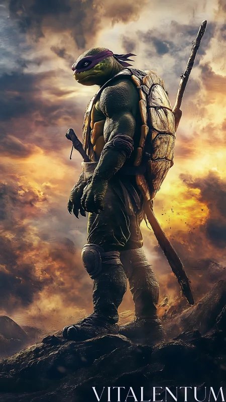 Armored humanoid turtle warrior on rocky ridge at sunset.