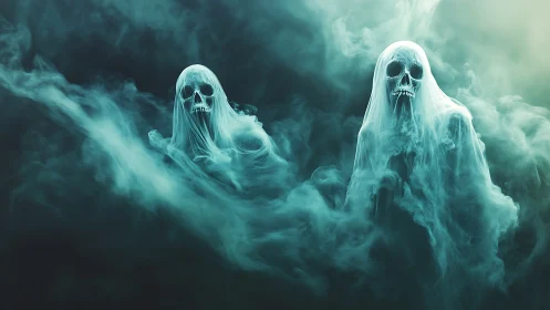 Ghostly drifters rising through swirling teal night fog.