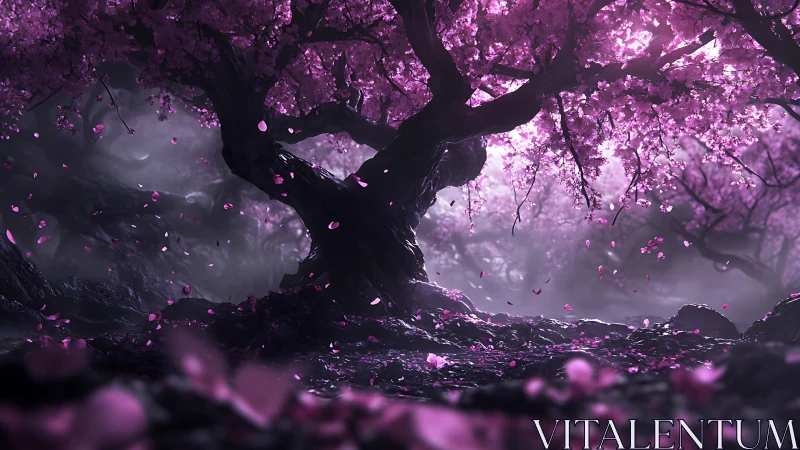 Enchanted cherry blossom grove glows softly in violet mist