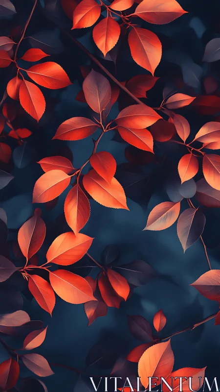 Crimson foliage glows over deep teal forest void.