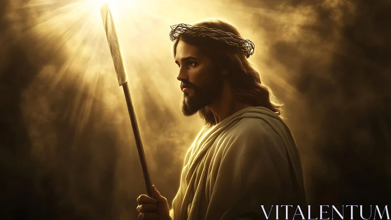 Radiant robed figure crowned with thorns in golden light.