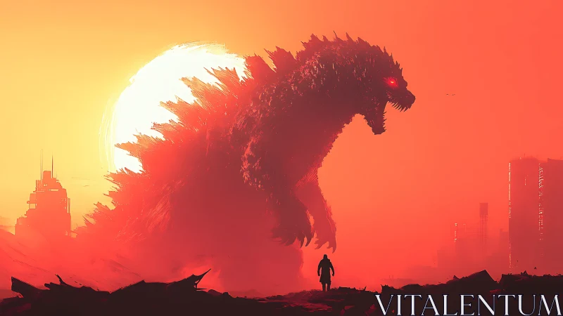 Colossal kaiju silhouette storms burning red cityscape.