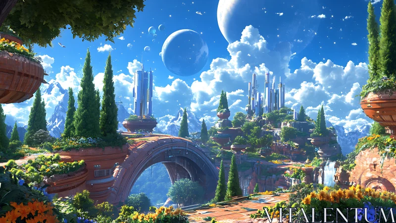 Futuristic terraced landscape with arches and distant planets.