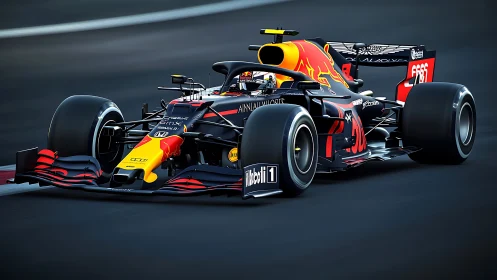 High-downforce Formula car under load on apex trajectory.