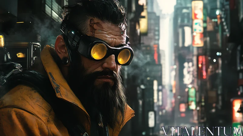Bearded cyberpunk mercenary scans neon alley with caution