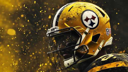 Side-profile gridiron helmet portrait under particle storm.