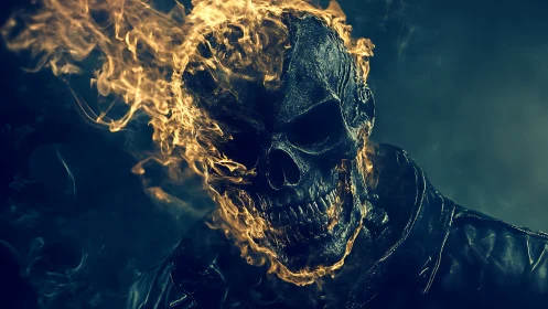 Flaming skull figure with leather jacket in dark setting.