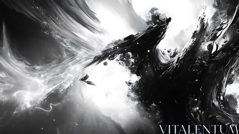 Monochrome abstract swirl of light and dark forms.