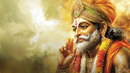 Digital painting portrait with ornate devotional regalia detail.