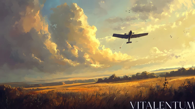 Single propeller aircraft over rural fields at sunset.