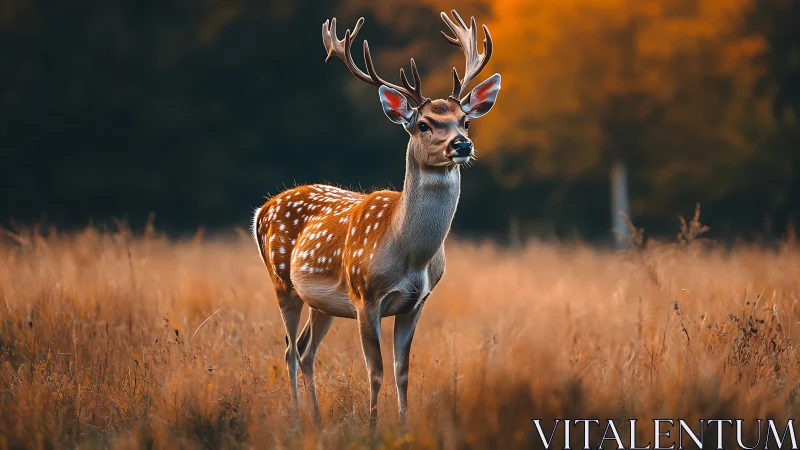 Graceful autumn stag stands quietly in a sunlit meadow