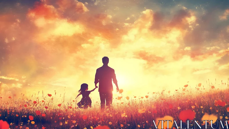 Parent and Child in Poppy Field at Golden Hour.