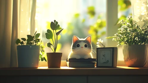 Illuminated Feline Silhouette Among Potted Flora and Golden Window Light