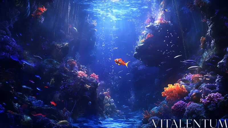 Radiant coral canyon with volumetric caustics and midwater fish