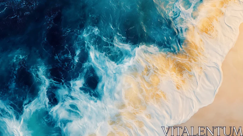 Rolling teal surf washes over golden shoreline in motion.