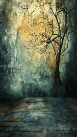 Bare tree shadow merges with textured wall in moody interior