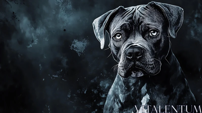 High-contrast digital portrait of melancholic boxer dog subject.