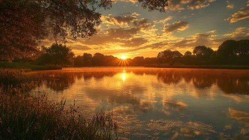 Golden sunset illuminates calm lake with mirrored clouds