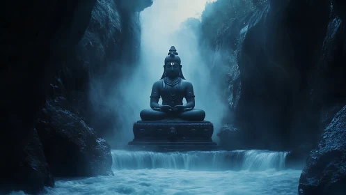 Monolithic stone Buddha statue amid misty blue gorge waters