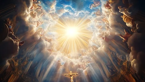 Radiant heavenly sky opening around a glowing sacred light.