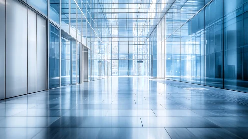 Modern glass office corridor with reflective blue interior.