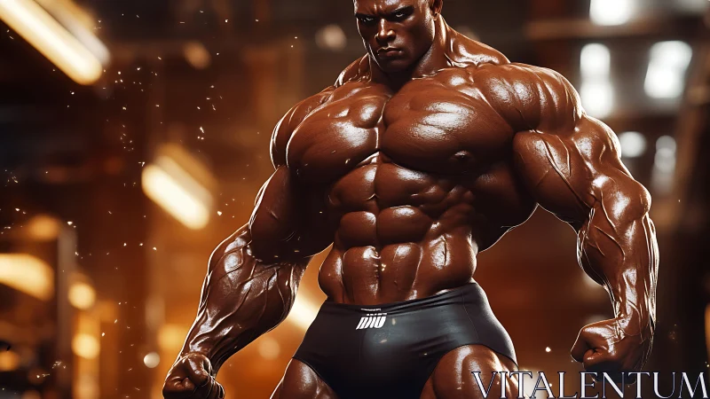 Hyper-muscular male bodybuilder in gym environment posed.