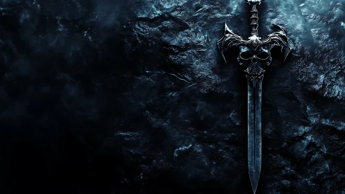 Runeblade with skull hilt rests on icy textured wall.