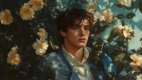 Digital painting portrait amid luminous camellia foliage.