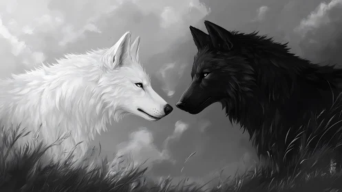 White and black wolves lock eyes in stormlit grayscale field.